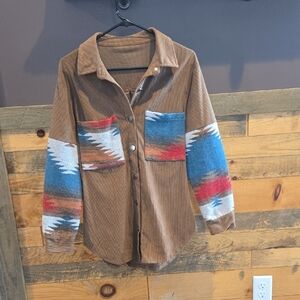 Brown Corduroy Shirt with Southwestern Pattern Sleeves